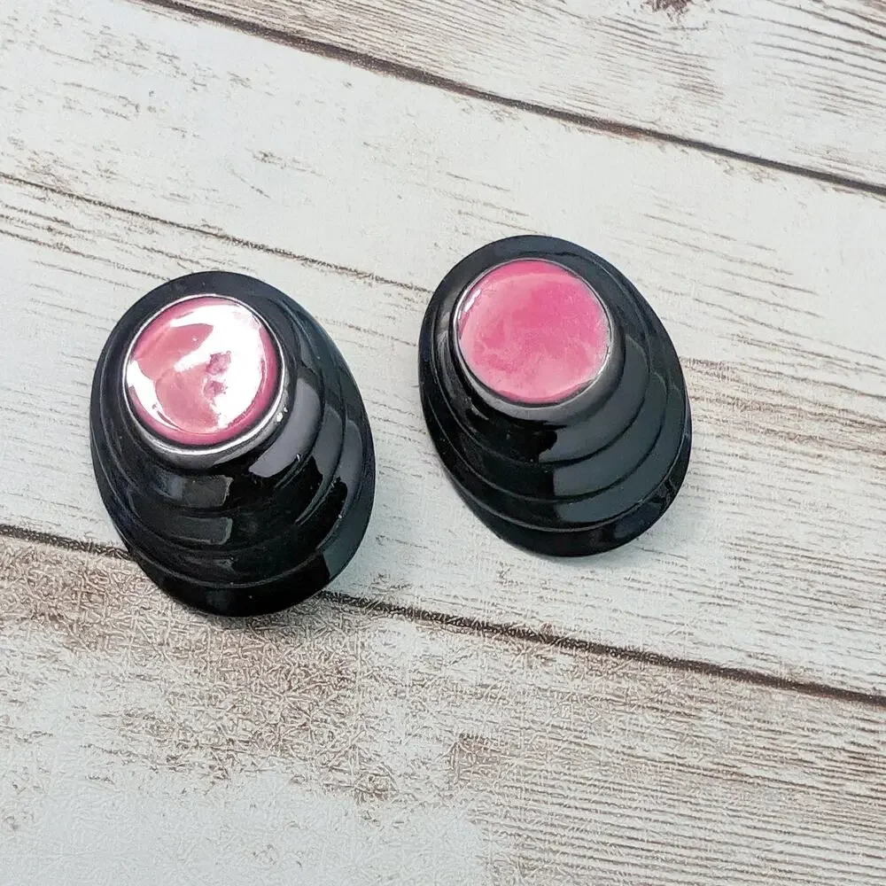 Vintage Clip On Earrings Dark Pink & Black Oval 1.25
